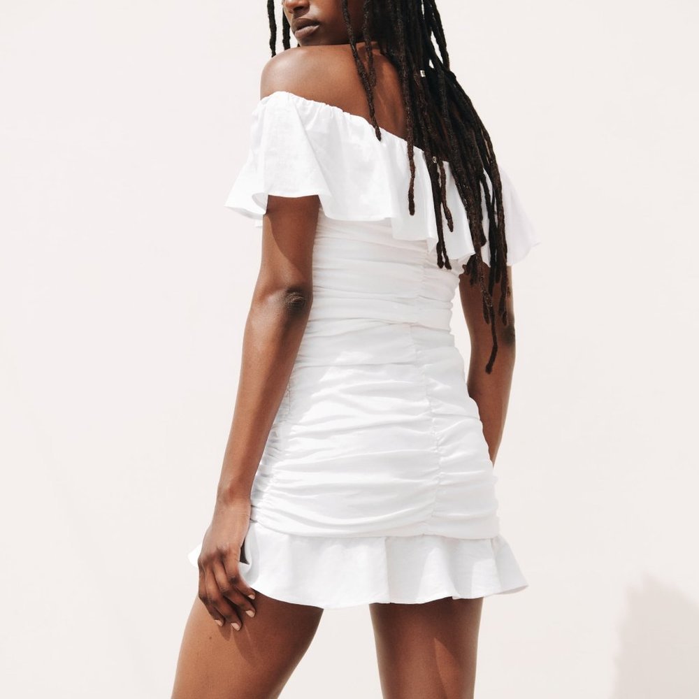 ZARA WHITE LINEN BLEND DRAPED DRESS WITH RUFFLES - Picture 6 of 10